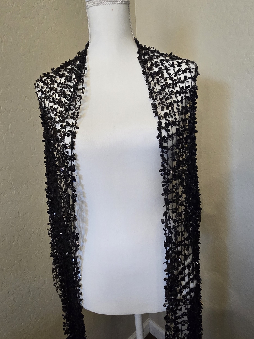 Elegant Black Beaded Lace Shawl